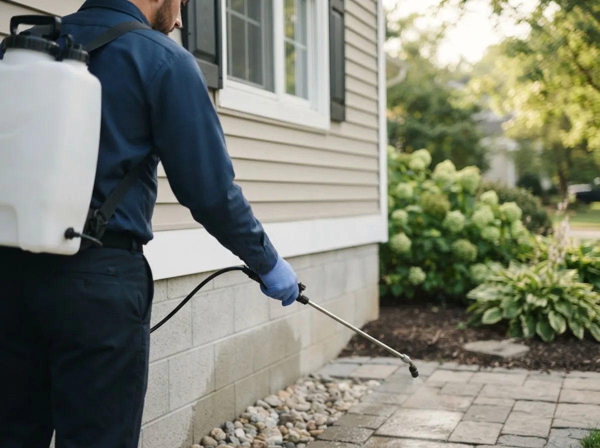 Pest control technician inspecting a home in Strasburg, IL